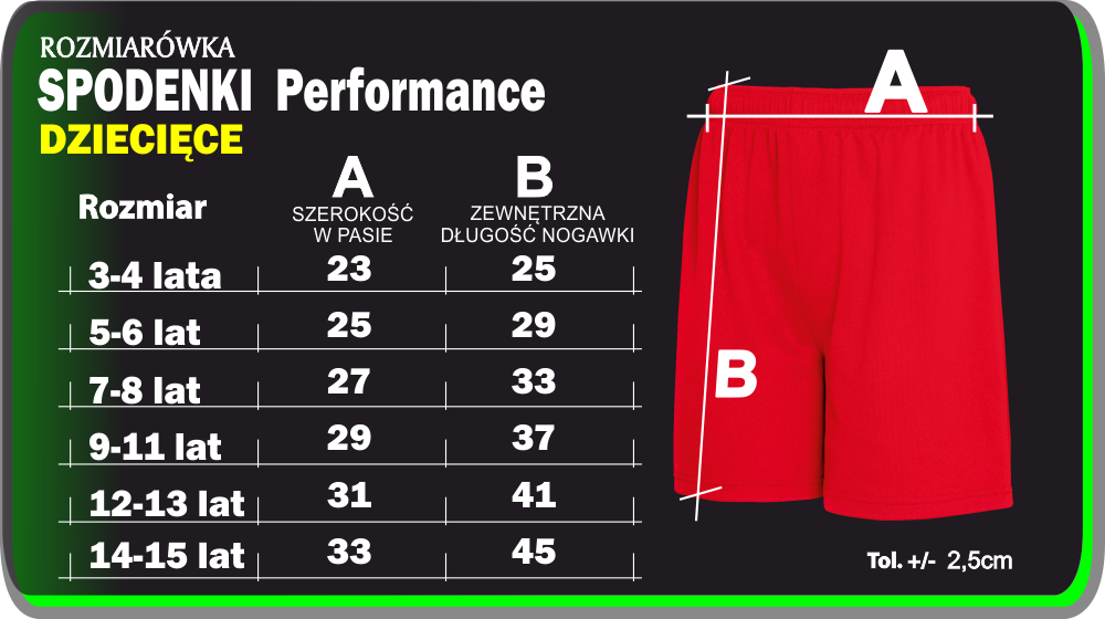 spodenki dziecięce performance size table